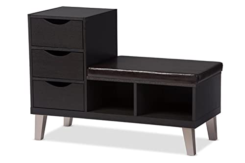 Baxton Studio Arielle Modern Contemporary Wood 3 Drawer Shoe Storage Padded Leatherette Seating Bench with Two Open Shelves, Dark Brown