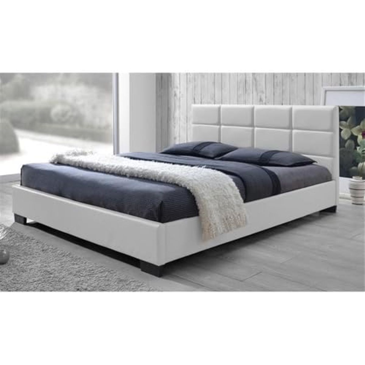 Baxton Studio Vivaldi Modern and Contemporary White Faux Leather Padded Platform Base Queen Size Bed Frame