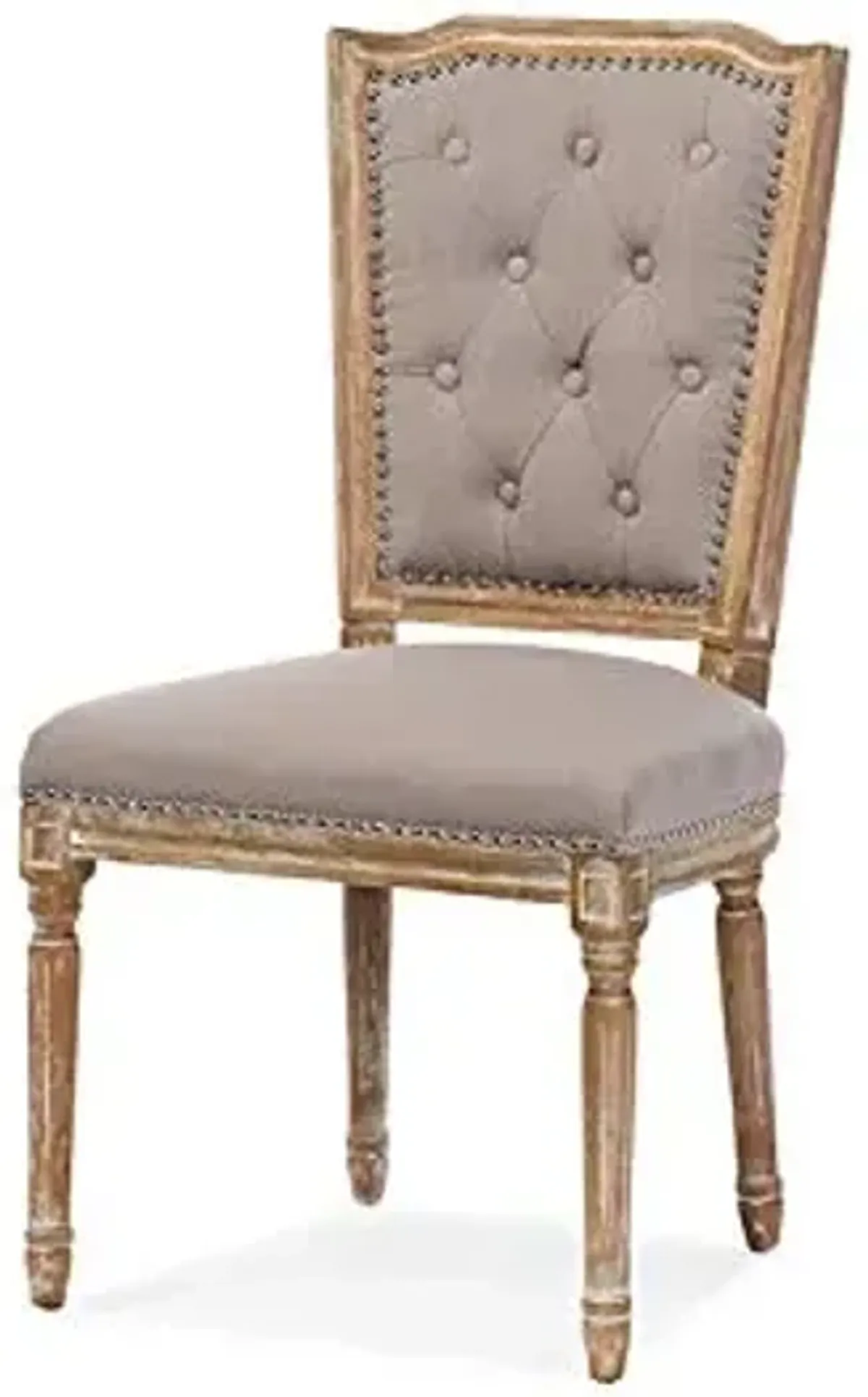 Baxton Studio Estelle Shabby Chic Rustic French Country Cottage Weathered Oak Linen Button Tufted Upholstered Dining Chair, Medium, Beige