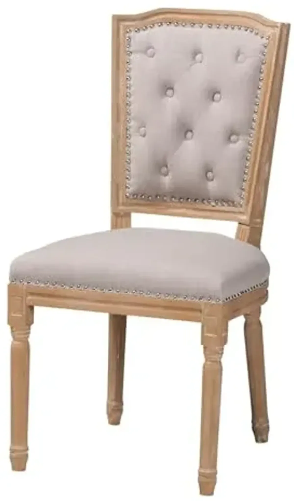 Baxton Studio Estelle Shabby Chic Rustic French Country Cottage Weathered Oak Linen Button Tufted Upholstered Dining Chair, Medium, Beige