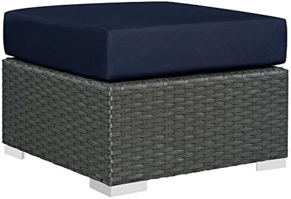 Modway Sojourn Wicker Rattan Outdoor Patio Sunbrella Fabric Ottoman in Canvas Navy