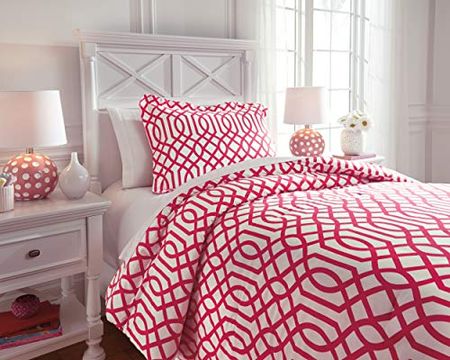 Signature Design by Ashley Loomis Modern Trellis Comforter with 1 Sham Set, Twin, White & Pink