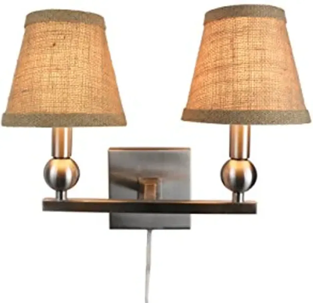 Urbanest Zio Double Bulb Cord Wall Sconce with Burlap Hardback Shades, Brushed Nickel Finish