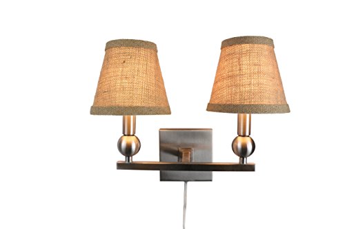 Urbanest Zio Double Bulb Cord Wall Sconce with Burlap Hardback Shades, Brushed Nickel Finish