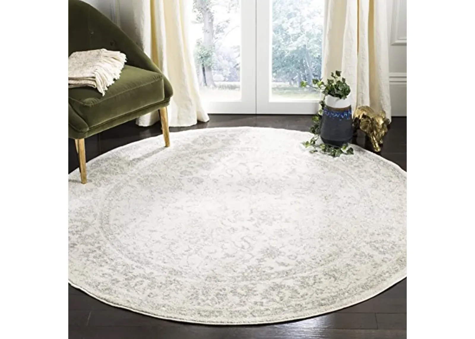 SAFAVIEH Adirondack Collection Area Rug - 4' Round, Ivory & Silver, Oriental Distressed Design, Non-Shedding & Easy Care, Ideal for High Traffic Areas in Living Room, Bedroom (ADR109C), 1.0" Thickness