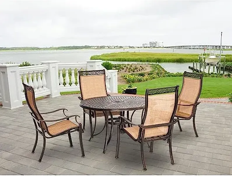 Hanover Manor 5-Piece Outdoor Dining Set with 4 PVC Sling Dining Chairs and Aluminum 48" Round Dining Table, Rust-Resistant Aluminum, All-Weather Patio Dining Set for 4