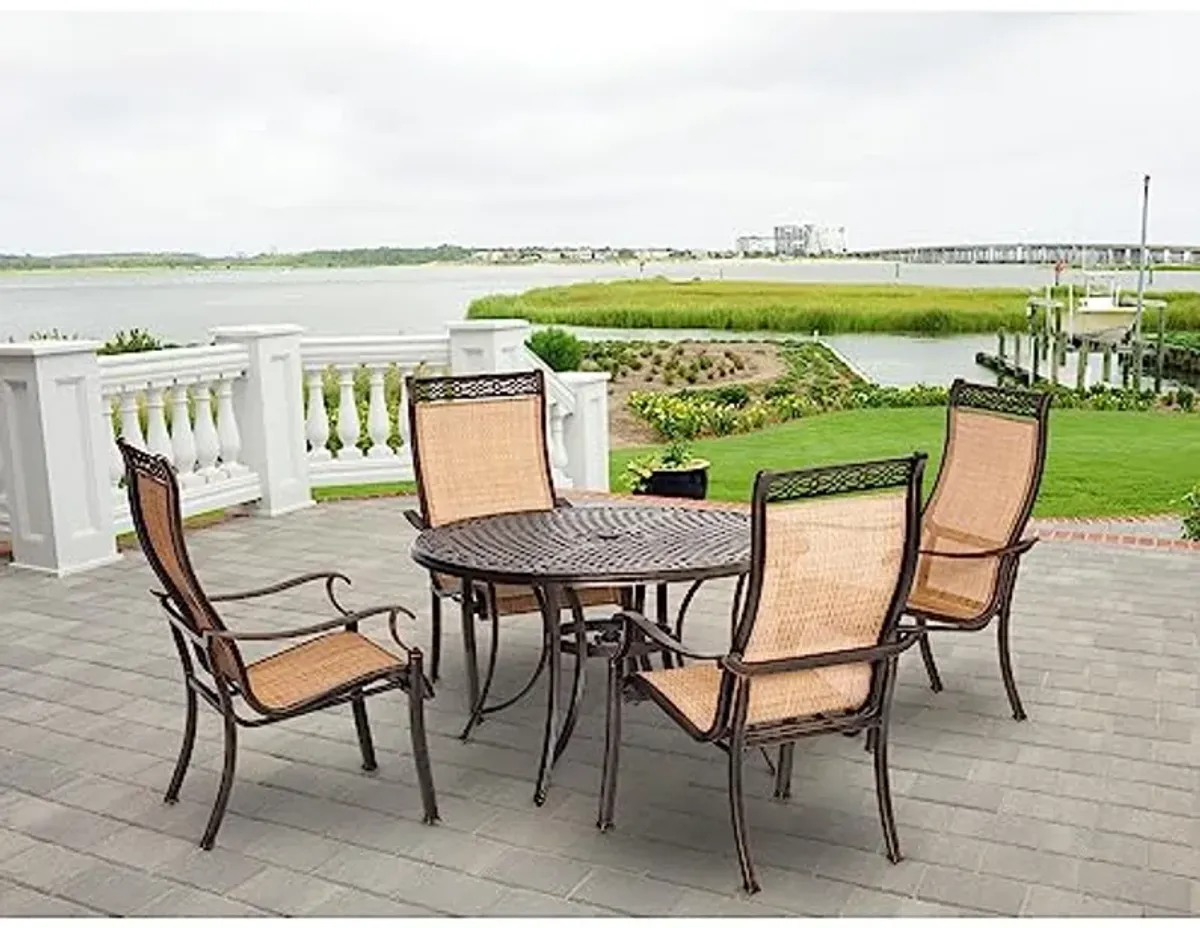 Hanover Manor 5-Piece Outdoor Dining Set with 4 PVC Sling Dining Chairs and Aluminum 48" Round Dining Table, Rust-Resistant Aluminum, All-Weather Patio Dining Set for 4