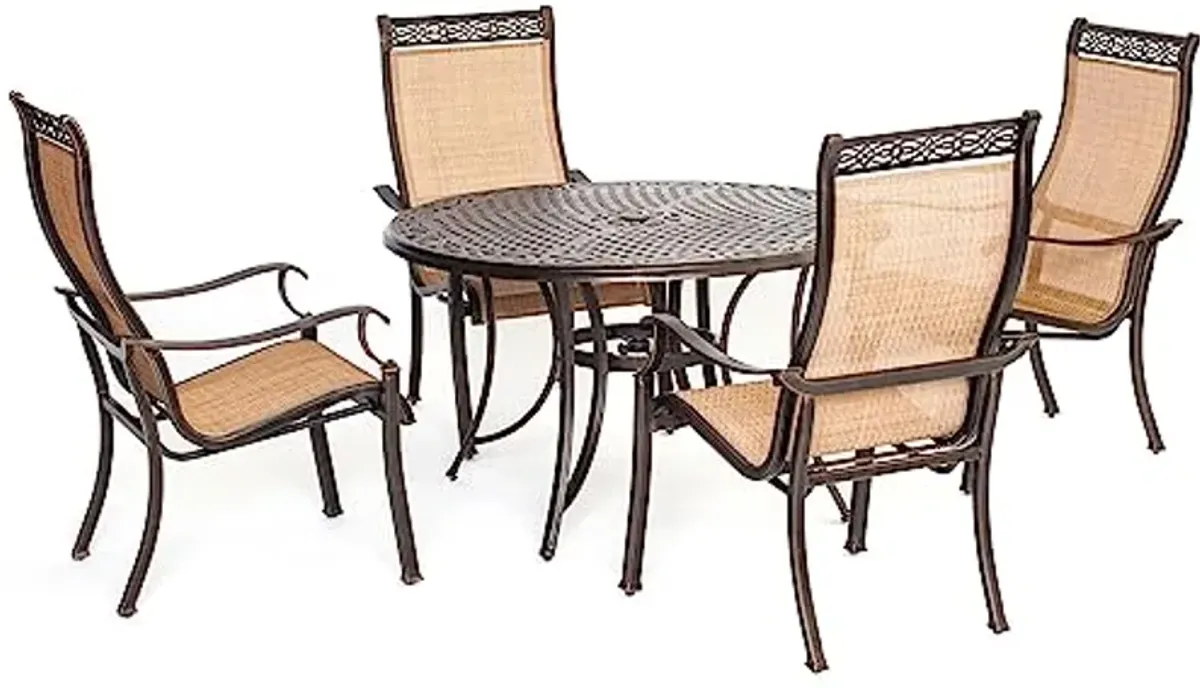 Hanover Manor 5-Piece Outdoor Dining Set with 4 PVC Sling Dining Chairs and Aluminum 48" Round Dining Table, Rust-Resistant Aluminum, All-Weather Patio Dining Set for 4