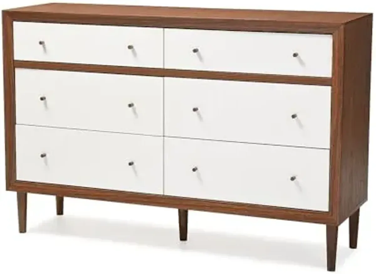Baxton Studio Harlow Mid-Century Modern Scandinavian Style White and Walnut Wood 6-Drawer Storage Dresser