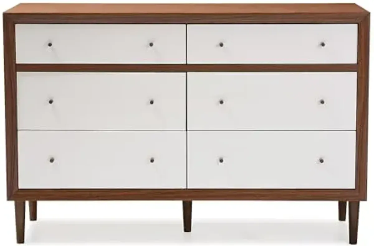 Baxton Studio Harlow Mid-Century Modern Scandinavian Style White and Walnut Wood 6-Drawer Storage Dresser