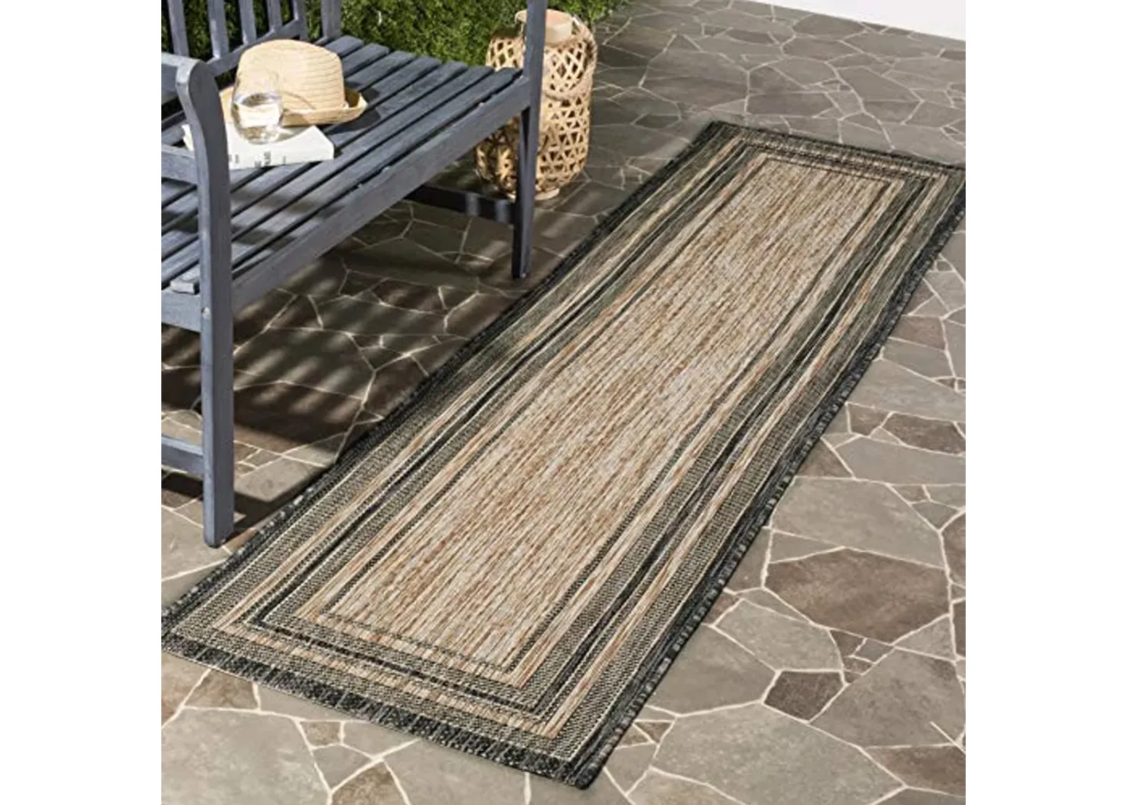 SAFAVIEH Courtyard Collection 2' x 3'7" Natural / Black CY8475 Indoor/ Outdoor Waterproof Easy-Cleaning Patio Backyard Mudroom Accent-Rug