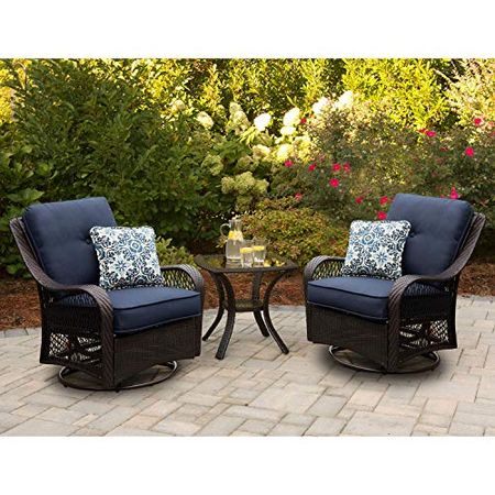 Hanover Chat Navy Orleans 3-Piece Swivel Rocking Lounge Blue with 2 Glider Chairs and End Table, Modern Luxury Outdoor Furniture Patio, Deck & Sunroom, Deep Seating Conversation Set
