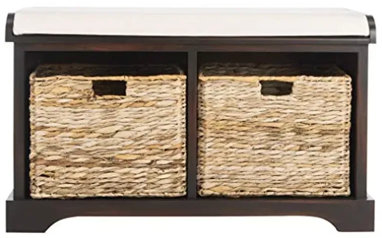 SAFAVIEH Home Collection – Freddy Brown Storage Bench with Wicker Baskets & Cushion, Entryway Seating Bench, Fully Assembled (AMH5736A)