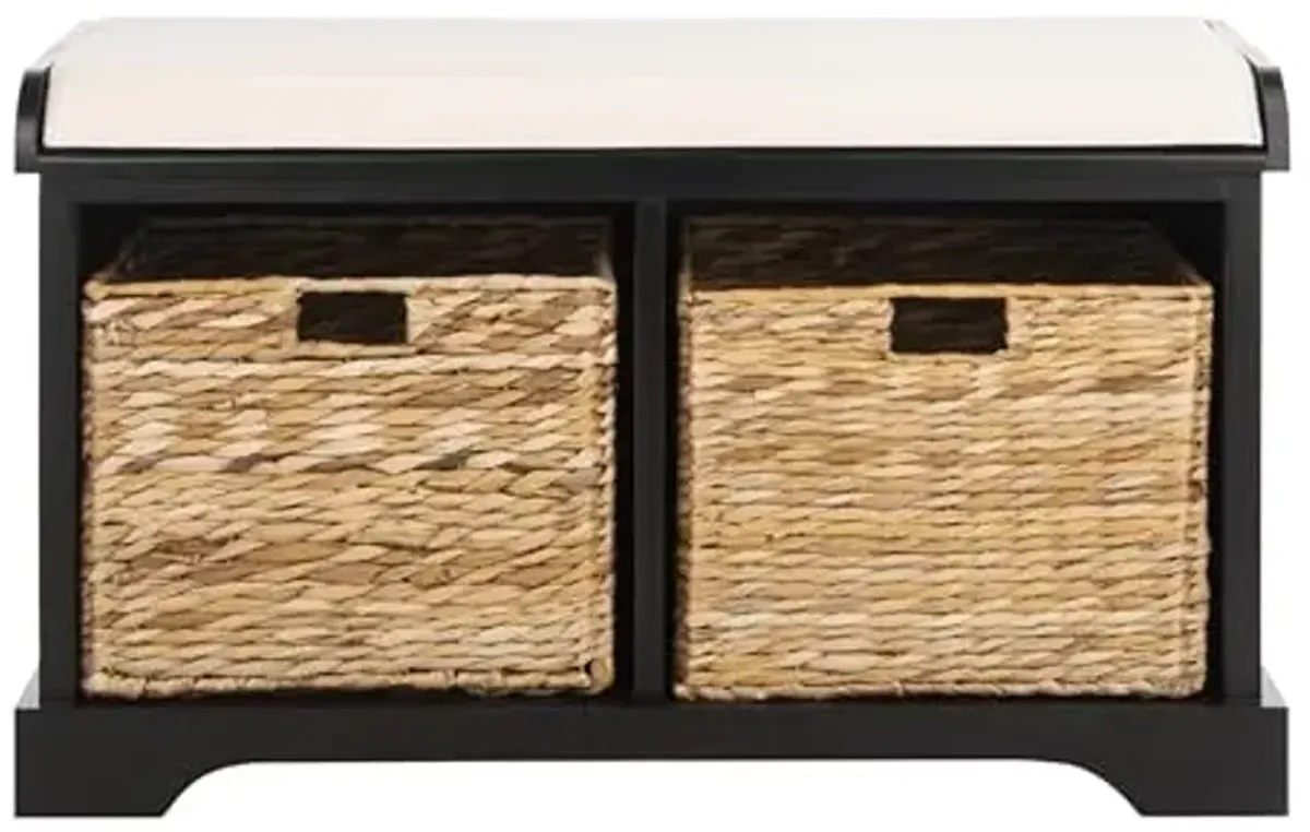 SAFAVIEH Home Collection Freddy Black/ Wicker Basket 2-Drawer Storage Bench with Cushion (Fully Assembled)