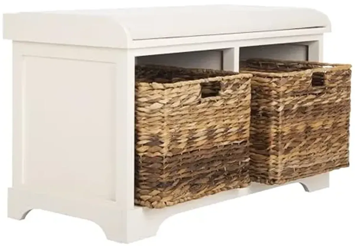 SAFAVIEH Home Collection Freddy Vintage White/ Wicker Basket 2-Drawer Storage Bench with Cushion (Fully Assembled)