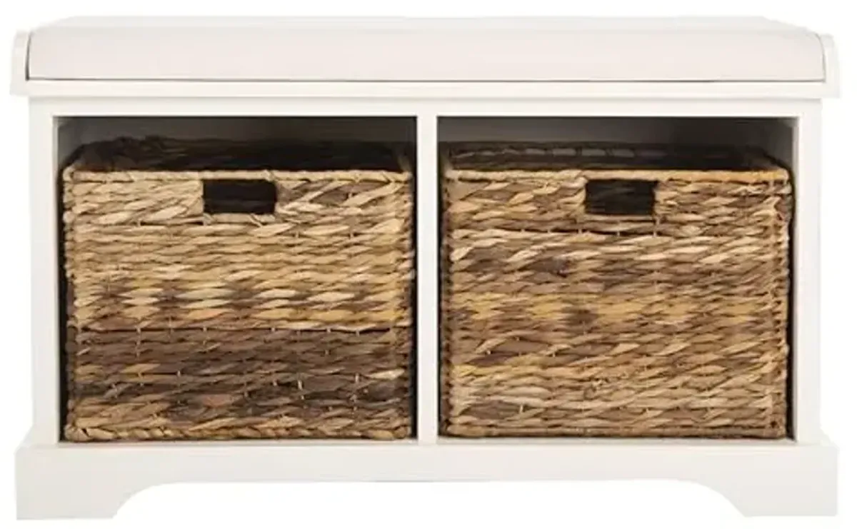 SAFAVIEH Home Collection Freddy Vintage White/ Wicker Basket 2-Drawer Storage Bench with Cushion (Fully Assembled)