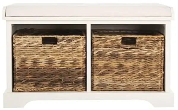 SAFAVIEH Home Collection Freddy Vintage White/ Wicker Basket 2-Drawer Storage Bench with Cushion (Fully Assembled)