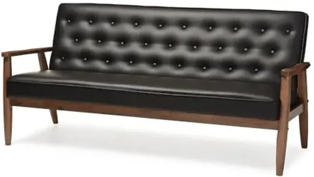 Baxton Studio Sorrento Mid-Century Retro Modern Faux Leather Upholstered Wooden 3-Seater Sofa, Black