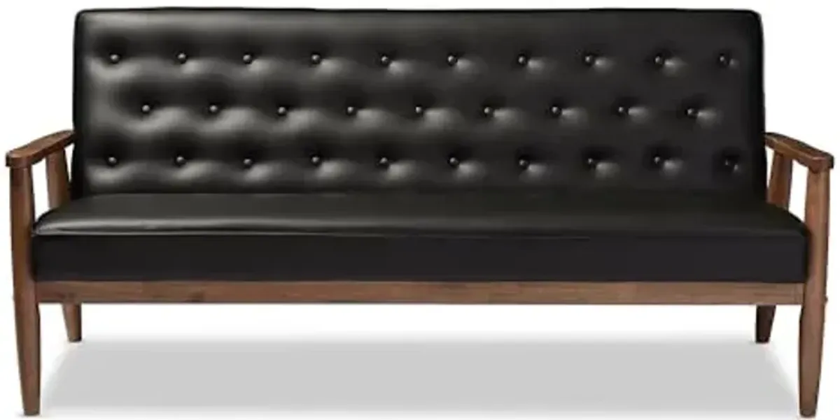 Baxton Studio Sorrento Mid-Century Retro Modern Faux Leather Upholstered Wooden 3-Seater Sofa, Black