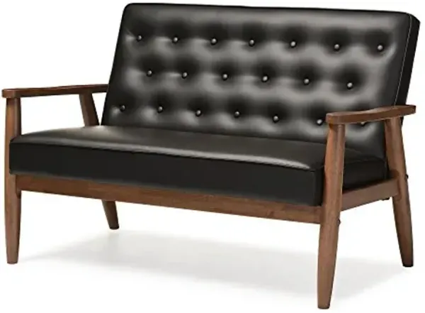 Baxton Studio Sorrento Faux Leather Upholstered Wooden 2-Seater Loveseat, Black