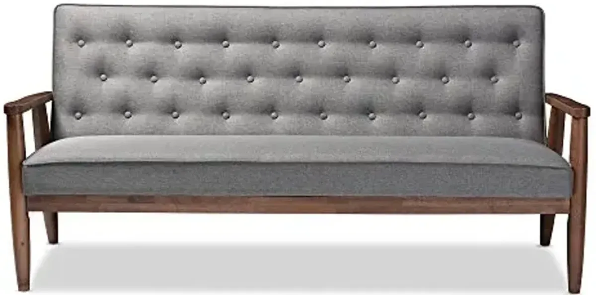 Baxton Studio Sorrento Mid-Century Retro Modern Fabric Upholstered Wooden 3-Seater Sofa, Grey 70.59 x 29.45 x 32.96