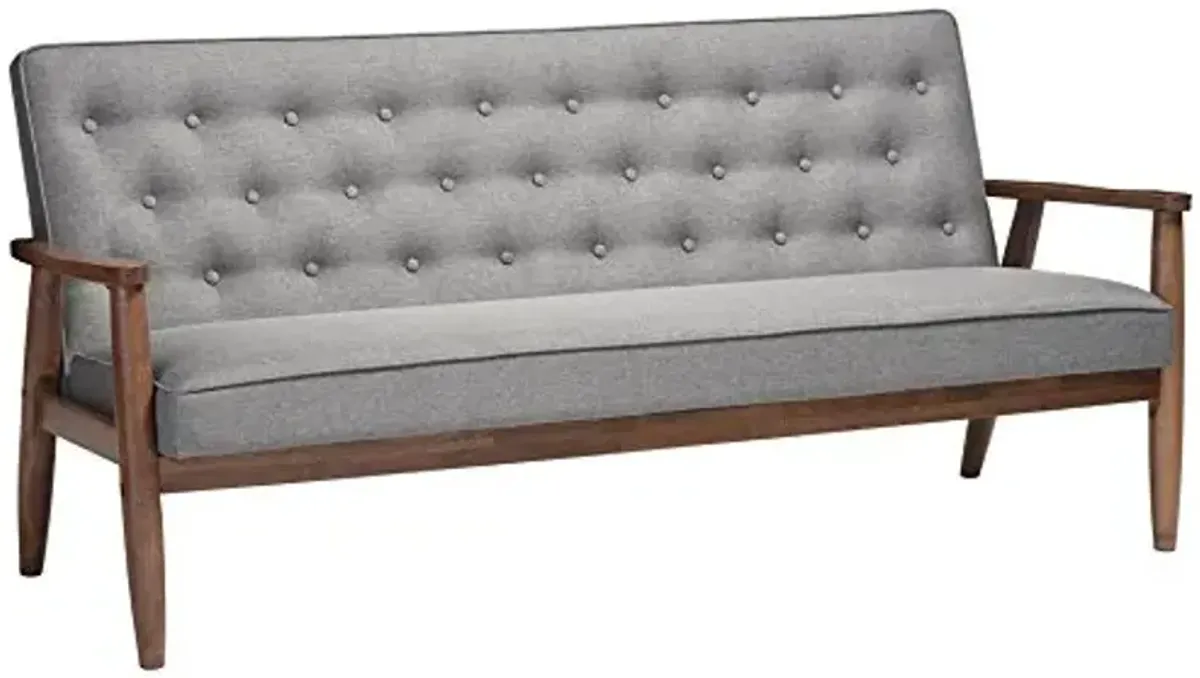 Baxton Studio Sorrento Mid-Century Retro Modern Fabric Upholstered Wooden 3-Seater Sofa, Grey 70.59 x 29.45 x 32.96