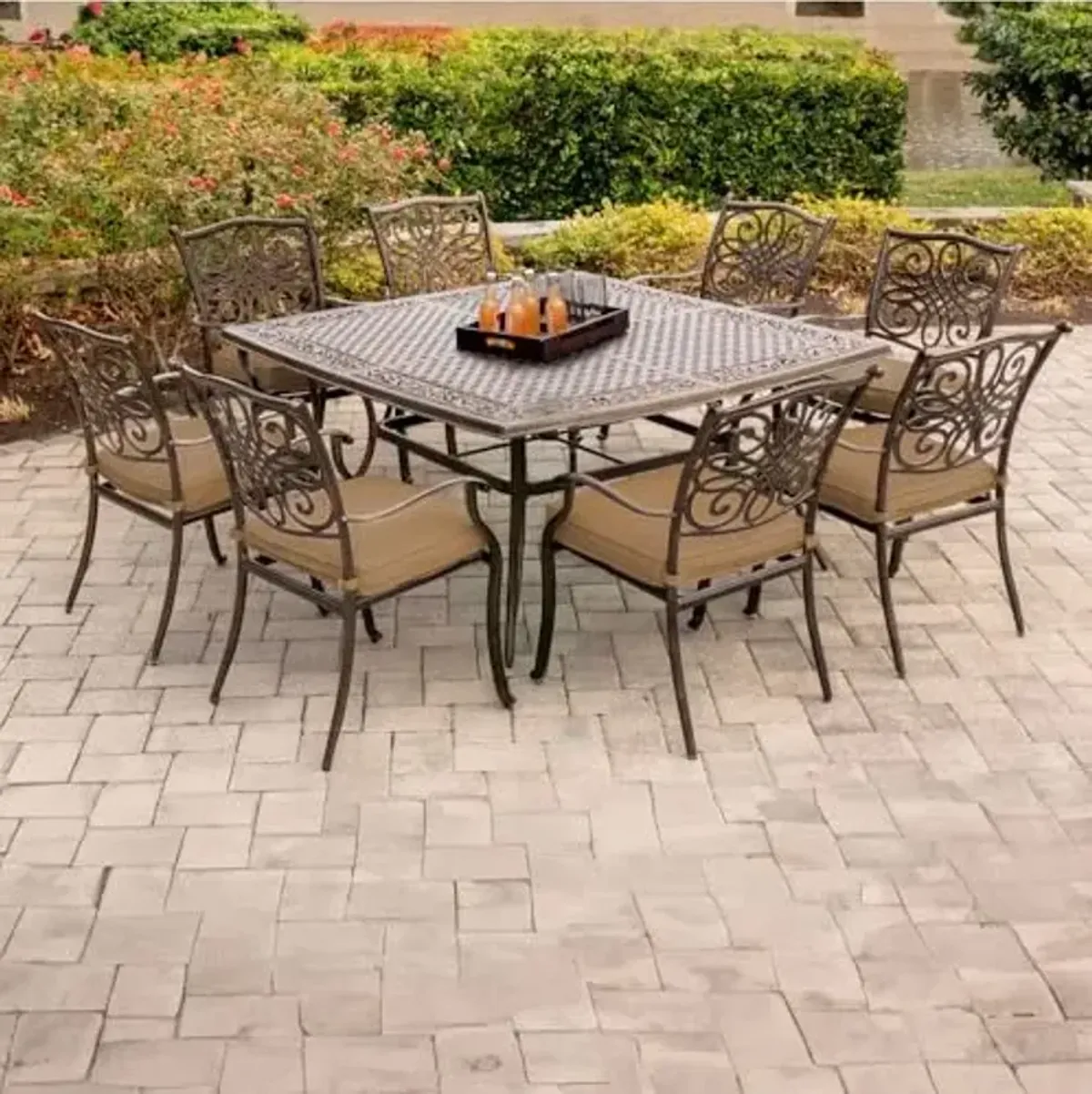 Hanover Traditions 9-Piece Patio Dining Set with 60" Square Cast-Top Dining Table and 8 Chairs with Tan Cushions, Modern All Weather Outdoor Dining Set with Rust-Resistant Aluminum Frames for Backyard