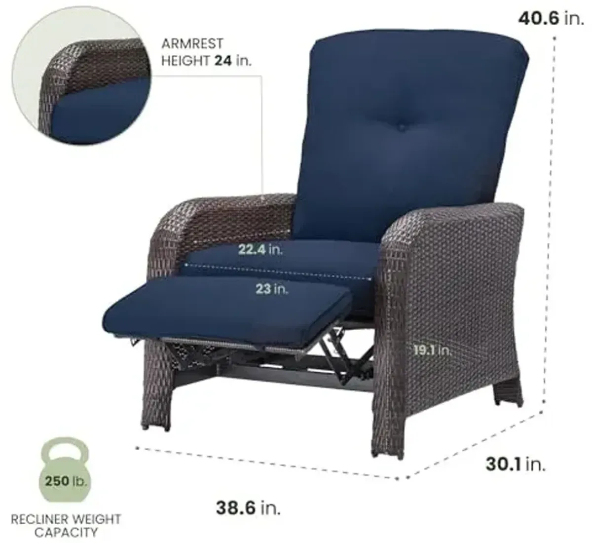 Hanover Strathmere Outdoor Recliner Chair with Thick Foam Weather-Resistant Navy Blue Cushions, Steel Frames, Brown Wicker, Luxury Outdoor Recliner for Patio, Deck, Backyard, or Porch