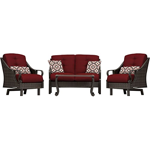 Hanover Piece Deep Seating Crimson Red Rectangular Ventura Steel Patio Lounge Chat Loveseat, 2 Rocking Chairs, Cushions, 4 Pillows and Ceramic Tile Coffee Table, All Weather Furniture Outdoor Sofa Set