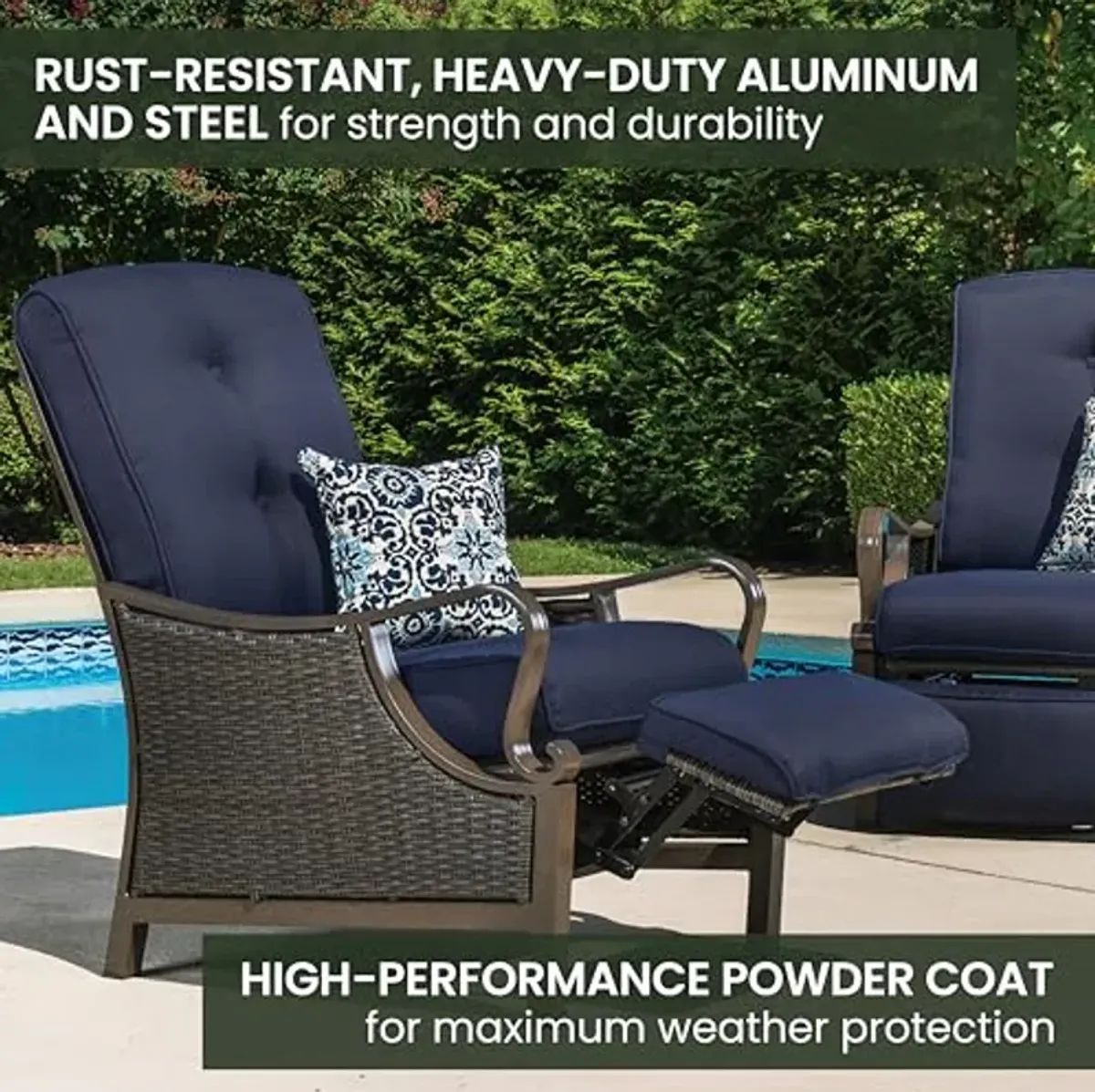 Hanover Ventura Brown Wicker Outdoor Recliner Chair with Cushions and Accent Pillow, Luxury All-Weather Outdoor Patio Recliner Chair with Rust Resistant Steel Frames for Deck, Backyard, Pool Side