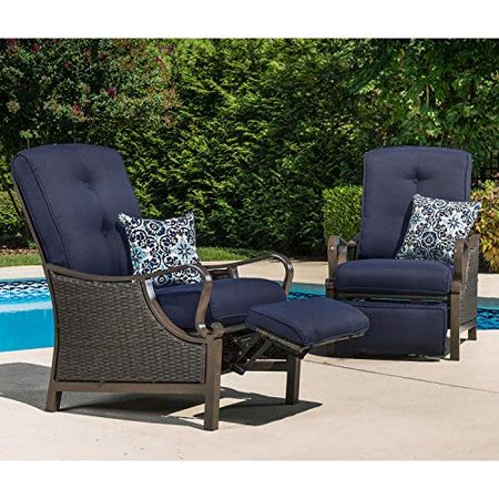 Hanover Ventura Steel Outdoor Patio Woven Luxury Brown Wicker, Navy Blue Cushions and Pillow, VENTURAREC-NVY Recliner