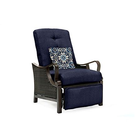 Hanover Ventura Steel Outdoor Patio Woven Luxury Brown Wicker, Navy Blue Cushions and Pillow, VENTURAREC-NVY Recliner