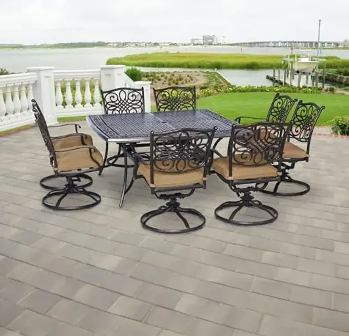 Hanover Traditions 9-Piece Patio Dining Set with Swivel Rocker Chairs with Natural Oat Cushions and Large 60" Square Table, Outdoor Dining Set for 8, All-Weather Rust-Resistant Outdoor Furniture