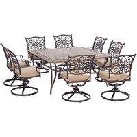 Hanover Traditions 9-Piece Rust-Free Aluminum Outdoor Patio Dining Set with Tan Cushions, 8 Swivel Rockers and Aluminum Square Dining Table