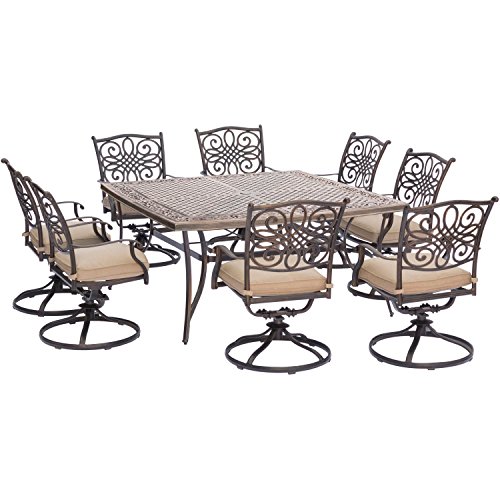 Hanover Traditions 9-Piece Rust-Free Aluminum Outdoor Patio Dining Set with Tan Cushions, 8 Swivel Rockers and Aluminum Square Dining Table