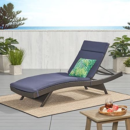 Christopher Knight Home Lakeport Outdoor Wicker Adjustable Chaise Lounge, Brown / Navy