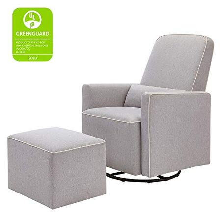 DaVinci Olive Upholstered Swivel Glider with Bonus Ottoman in Polyester Grey with Cream Piping, Greenguard Gold & CertiPUR-US Certified