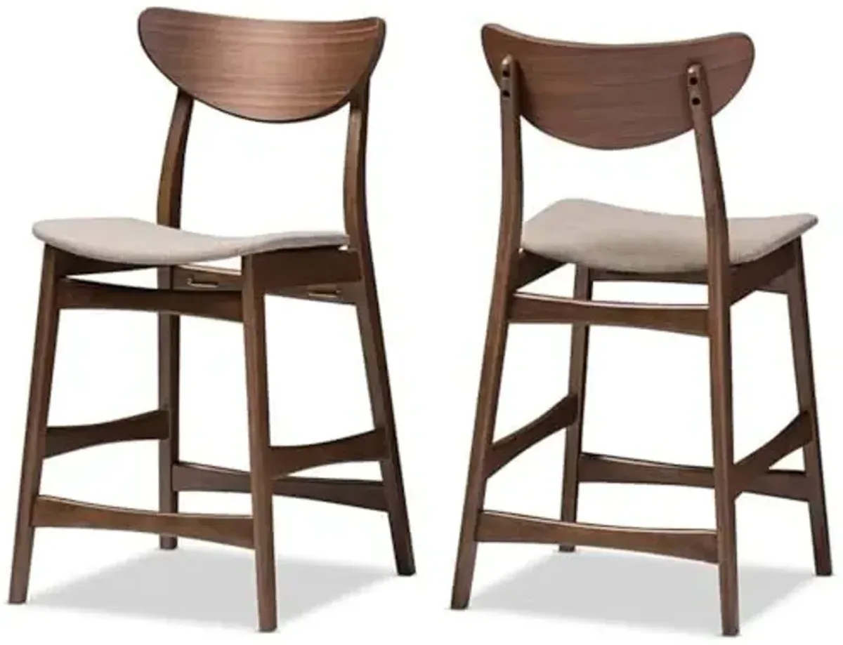 Baxton Studio 2 Piece Latina Scandinavian Style Light Grey Fabric Upholstered Walnut Counter Stool Set, 24", Gray