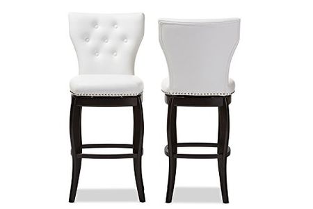 Baxton Studio Leonice Faux Leather Upholstered Button-Tufted Swivel Barstool, 29", White