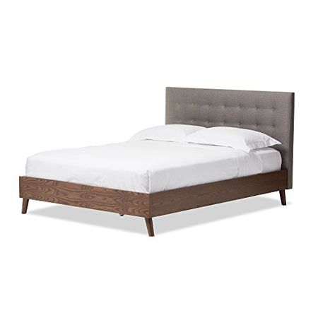 Baxton Studio Alinia Mid-Century Retro Modern Fabric Upholstered Walnut Wood Platform Bed, Full, Grey