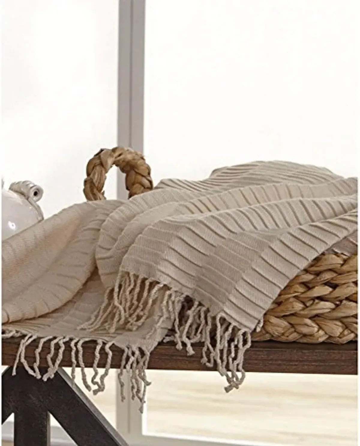 Signature Design by Ashley Mendez Farmhouse Ribbed Throw Blanket, 50 x 60 Inches, Cream