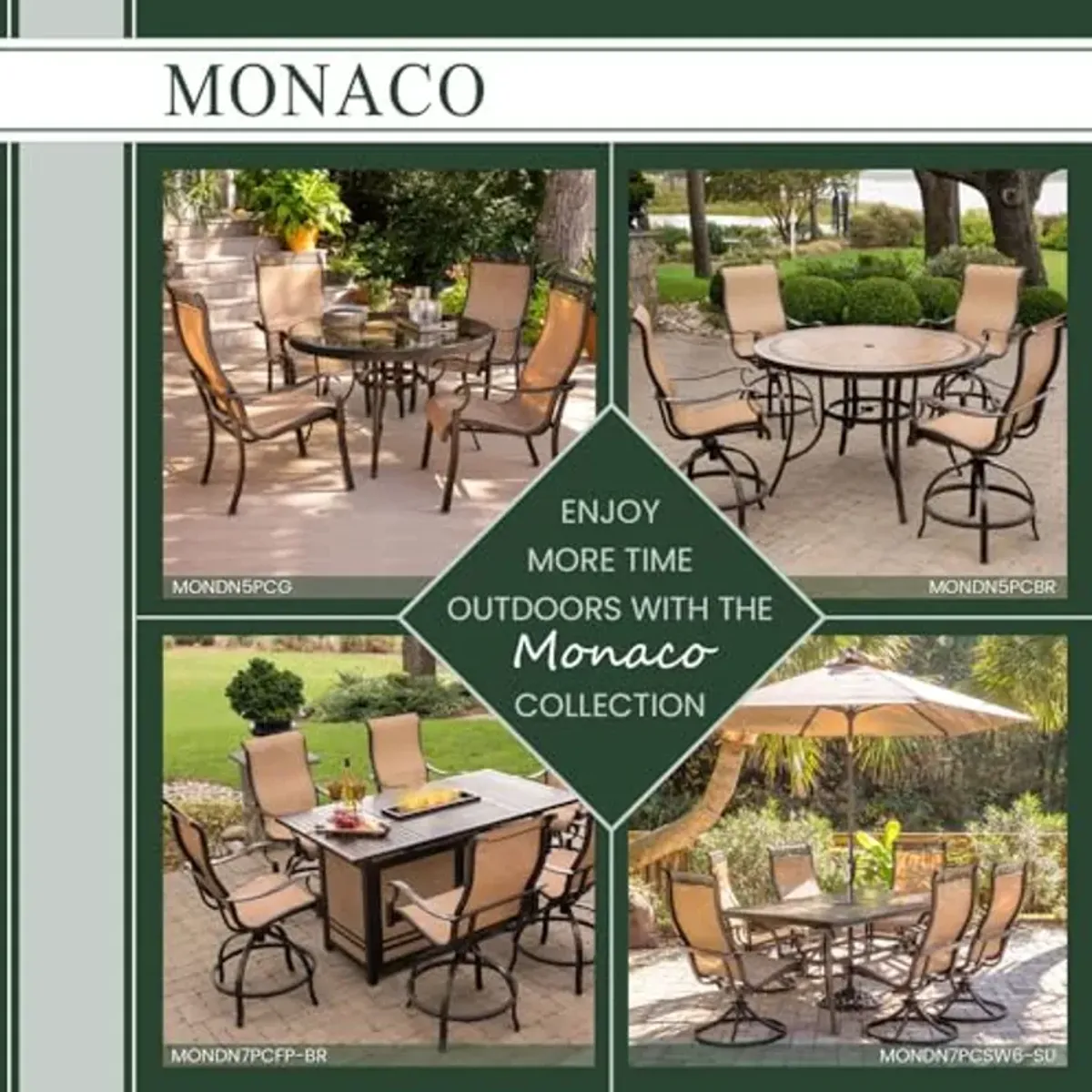 Hanover Monaco 7-Piece Aluminum Patio Dining Set with 4 Dining Chairs, 2 Swivel Rockers, Plush Tan Cushions and Porcelain Tile Rectangular Dining Table, Outdoor Dining Set for 6, All Weather Furniture