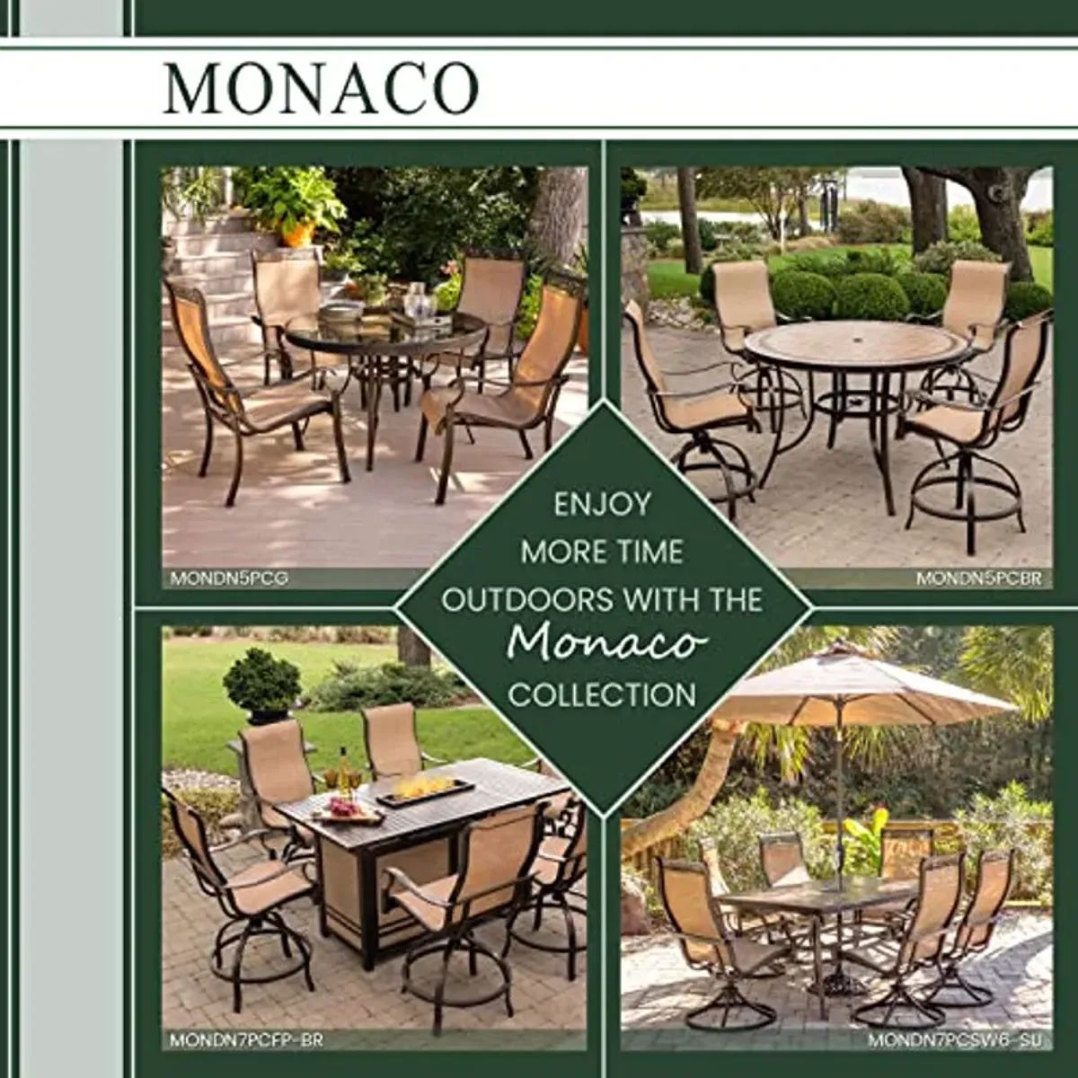 Hanover Monaco 7-Piece Aluminum Patio Dining Set with 4 Dining Chairs, 2 Swivel Rockers, Plush Tan Cushions and Porcelain Tile Rectangular Dining Table, Outdoor Dining Set for 6, All Weather Furniture