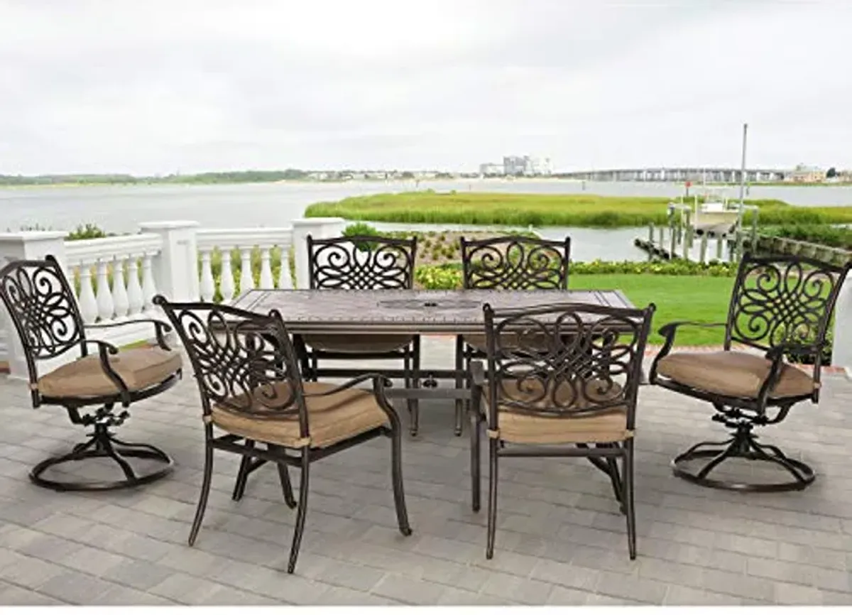 Hanover Monaco 7-Piece Aluminum Patio Dining Set with 4 Dining Chairs, 2 Swivel Rockers, Plush Tan Cushions and Porcelain Tile Rectangular Dining Table, Outdoor Dining Set for 6, All Weather Furniture