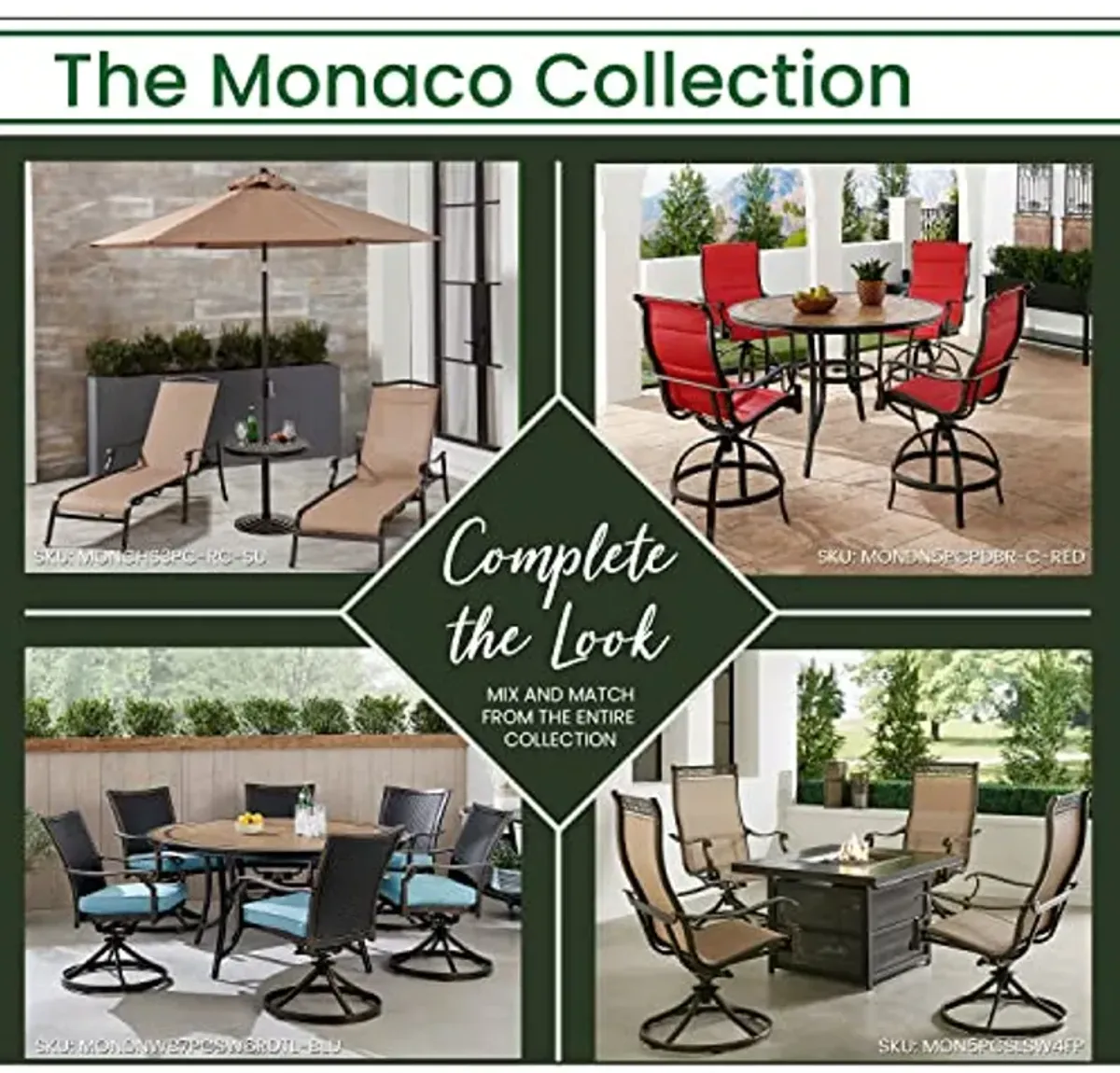 Hanover Monaco 7-Piece Aluminum Patio Dining Set with 4 Dining Chairs, 2 Swivel Rockers, Plush Tan Cushions and Porcelain Tile Rectangular Dining Table, Outdoor Dining Set for 6, All Weather Furniture