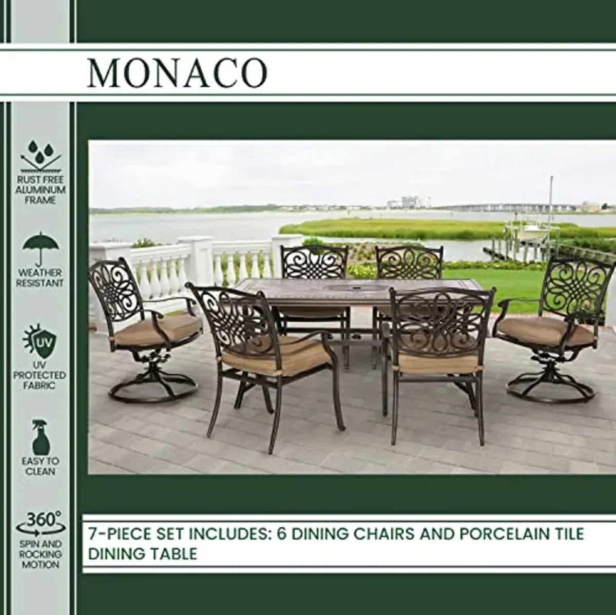 Hanover Monaco 7-Piece Aluminum Patio Dining Set with 4 Dining Chairs, 2 Swivel Rockers, Plush Tan Cushions and Porcelain Tile Rectangular Dining Table, Outdoor Dining Set for 6, All Weather Furniture