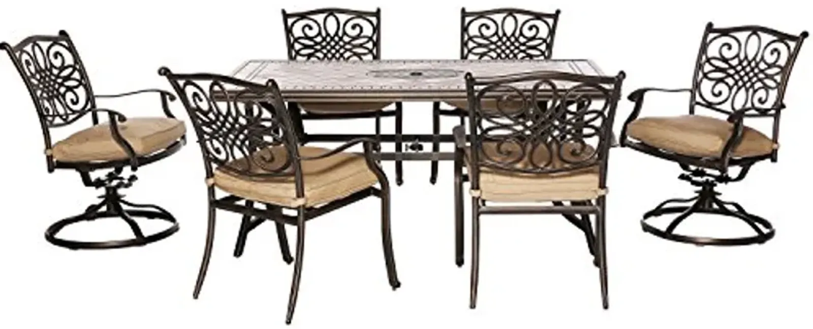 Hanover Monaco 7-Piece Aluminum Patio Dining Set with 4 Dining Chairs, 2 Swivel Rockers, Plush Tan Cushions and Porcelain Tile Rectangular Dining Table, Outdoor Dining Set for 6, All Weather Furniture