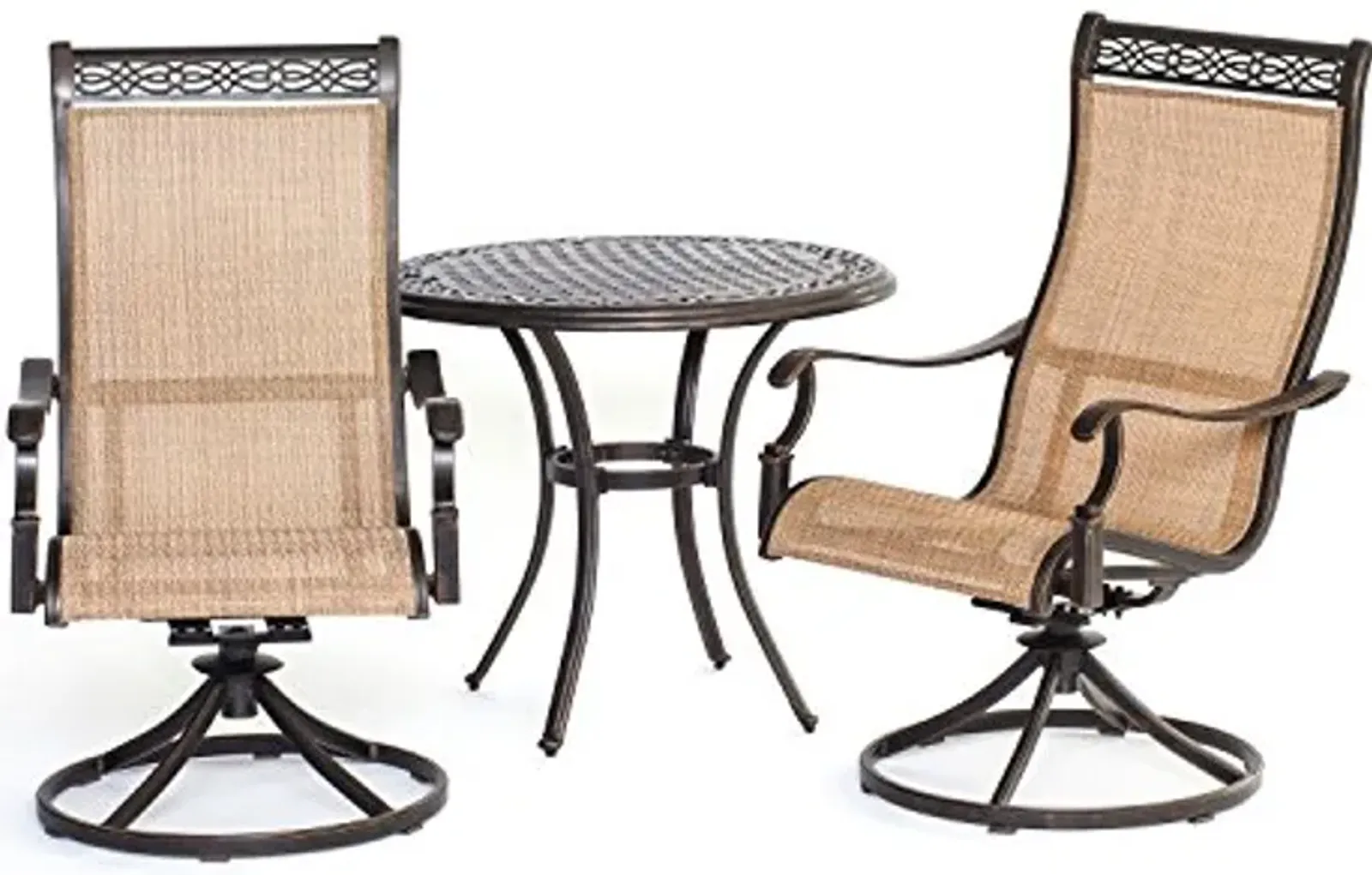 Hanover Manor 3-Piece Outdoor Patio Dining Set with 2 PVC Sling Swivel Rockers and Rust-Free Aluminum Round Bistro Table, Tan