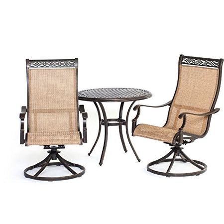 Hanover Manor 3-Piece Outdoor Patio Dining Set with 2 PVC Sling Swivel Rockers and Rust-Free Aluminum Round Bistro Table, Tan