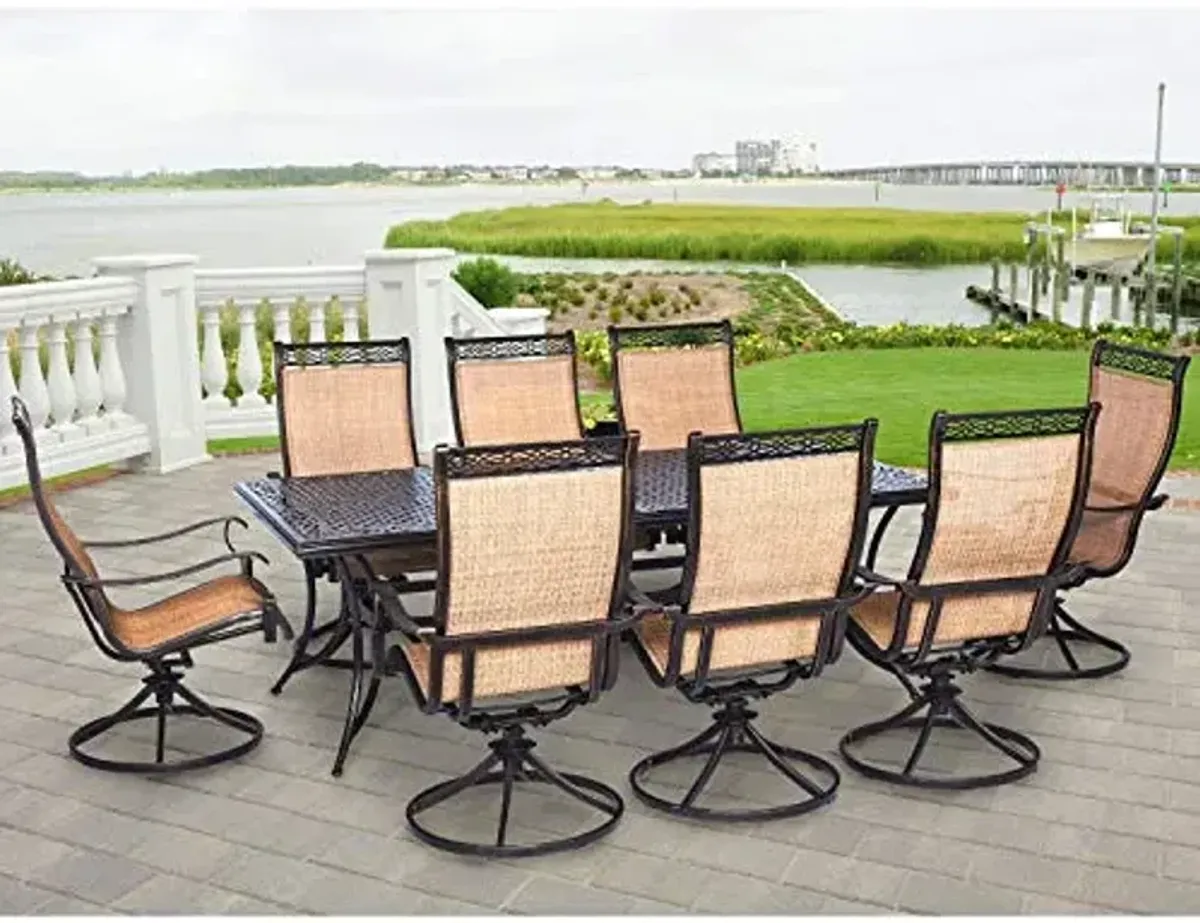 Hanover Manor 9-Piece Outdoor Dining Set with PVC Sling Swivel Rockers and Rectangular Dining Table, Weather and Rust Resistant Aluminum Patio Dining Set for 8, Perfect for Backyard, Deck, and Patio